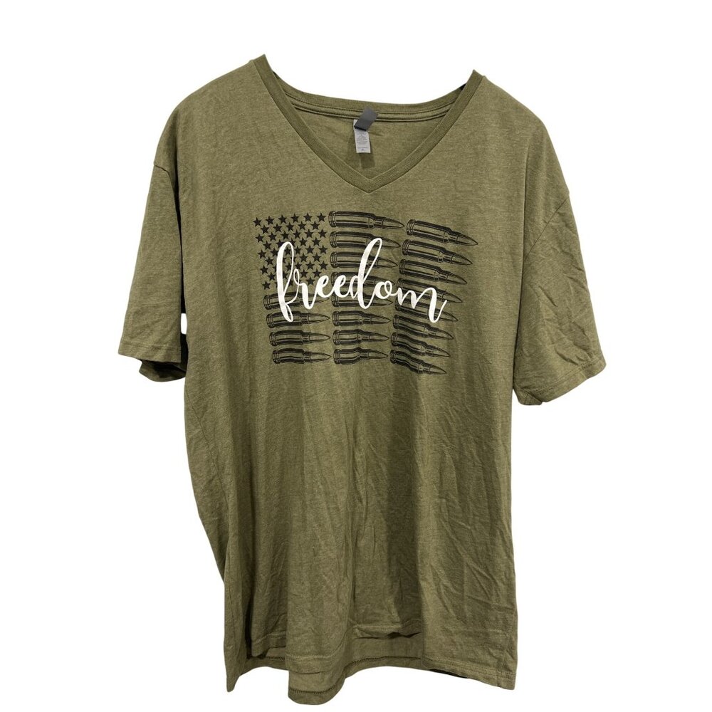 Next Level Apparel Free Bullet Flag Graphic Tee Sz XL V Neck Short Sleeve Olive